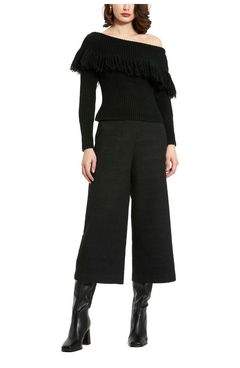 Mac Duggal Off The Shoulder Long Sleeve Fringe Knit Sweater, Alternate, color, Black