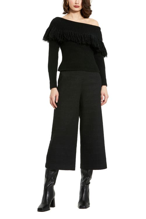Mac Duggal Off The Shoulder Long Sleeve Fringe Knit Sweater In Black