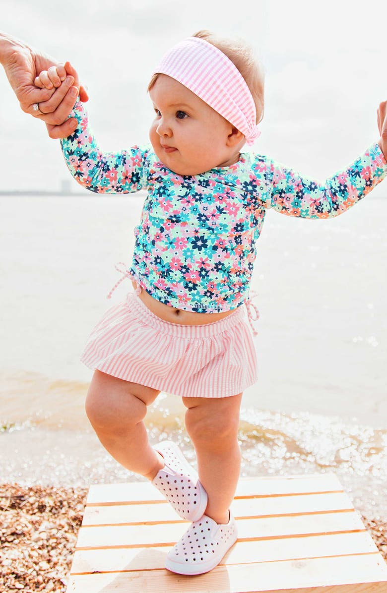 RuffleButts Water Lilies Two-Piece Rashguard Swimsuit & Head Wrap Set, Alternate, color,