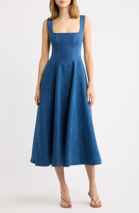 Square Neck Cotton Blend Denim Midi Dress