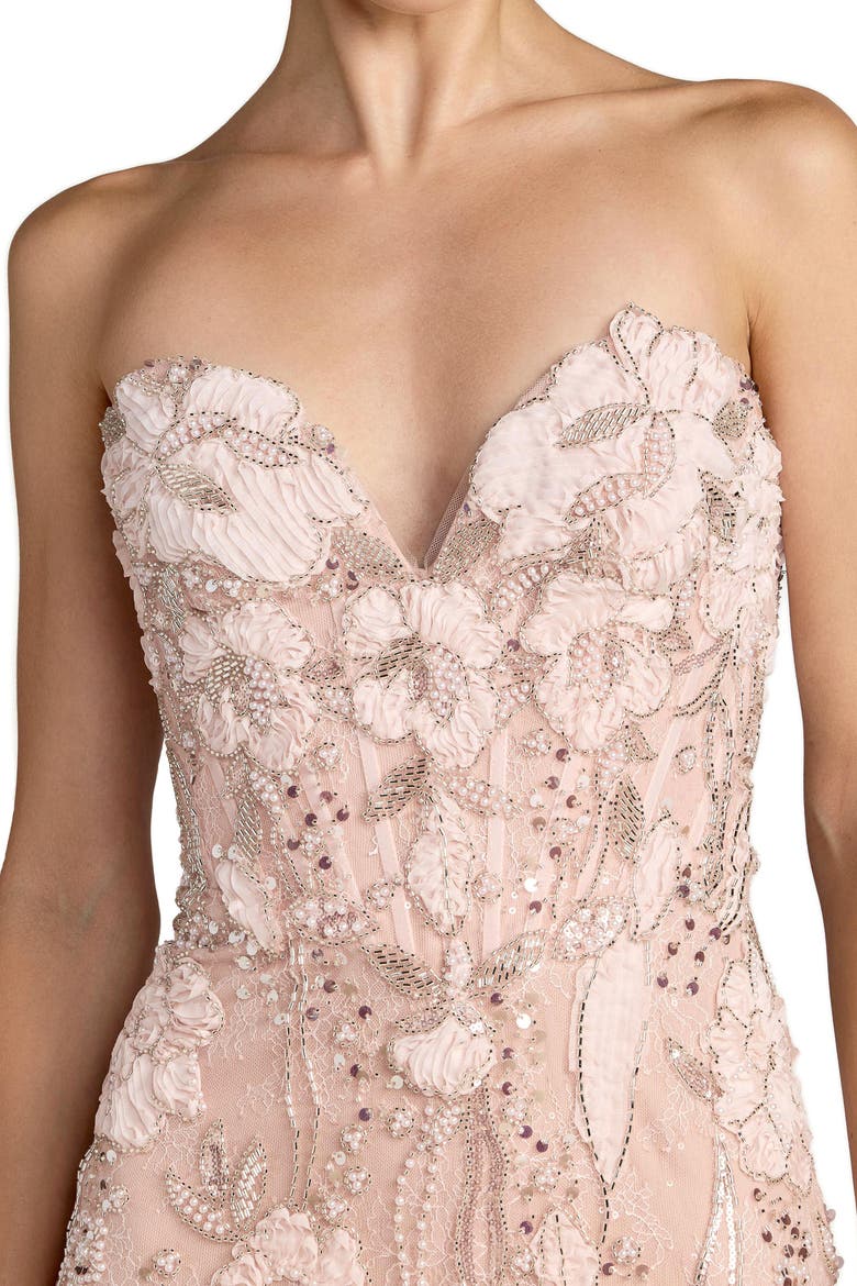 Floral Beaded Mesh Strapless Column Gown, Alternate, color, Porcelain
