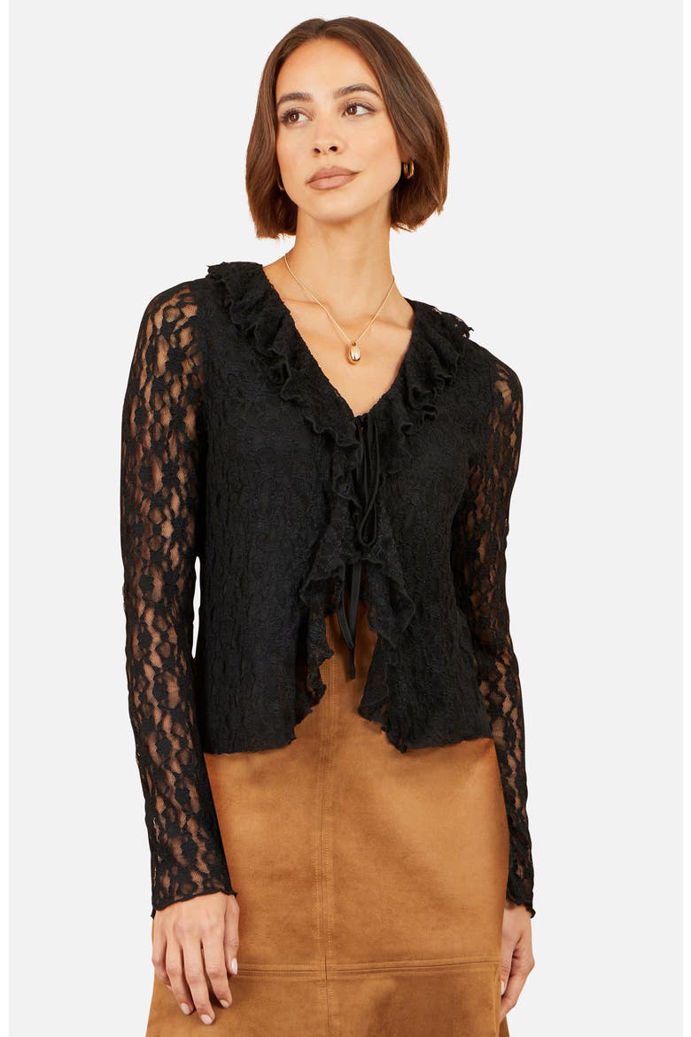 Ruffled Lace Tie Neck Top, Main, color, Black