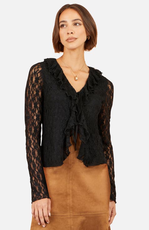 Ruffled Lace Tie Neck Top