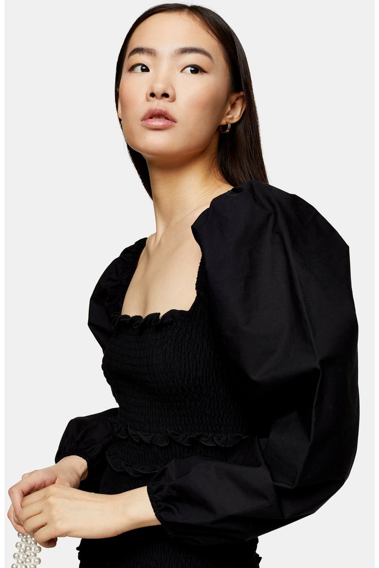 Smocked Long Balloon Sleeve Minidress, Alternate, color, BLACK