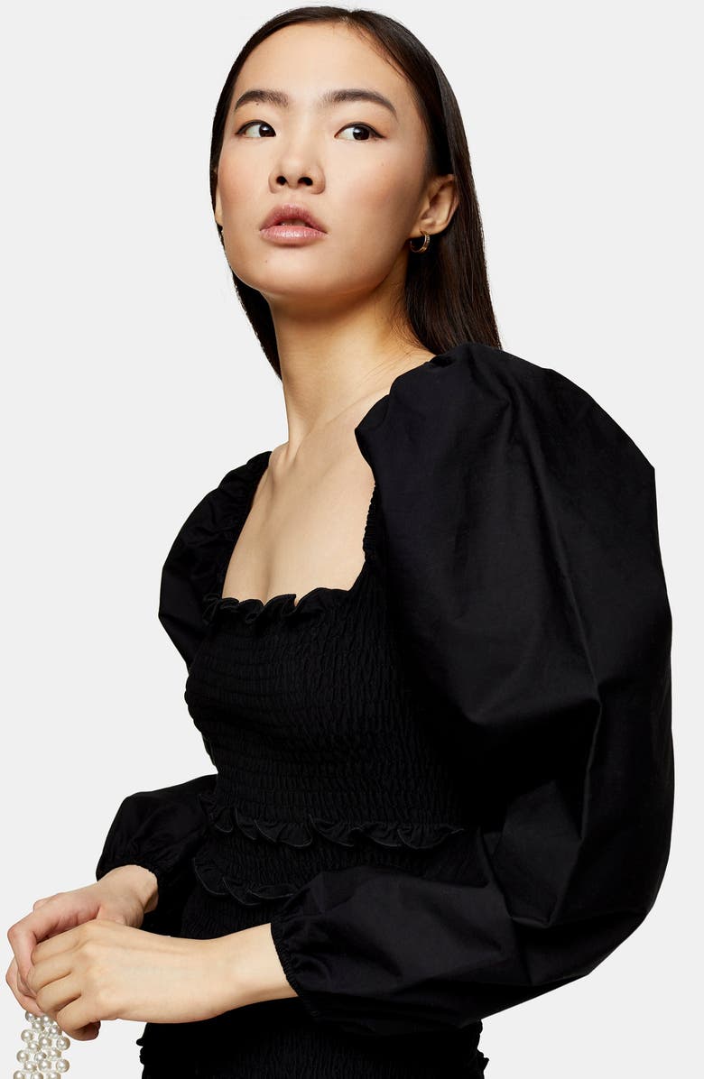 Topshop Smocked Long Balloon Sleeve Minidress, Alternate, color,