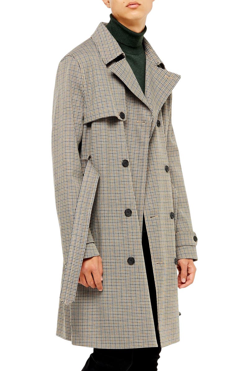 Topman Houndstooth Double Breasted Trench Coat, Alternate, color, 