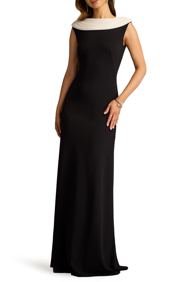 V-Back Crepe Gown, Main, color, BLACK/ IVORY