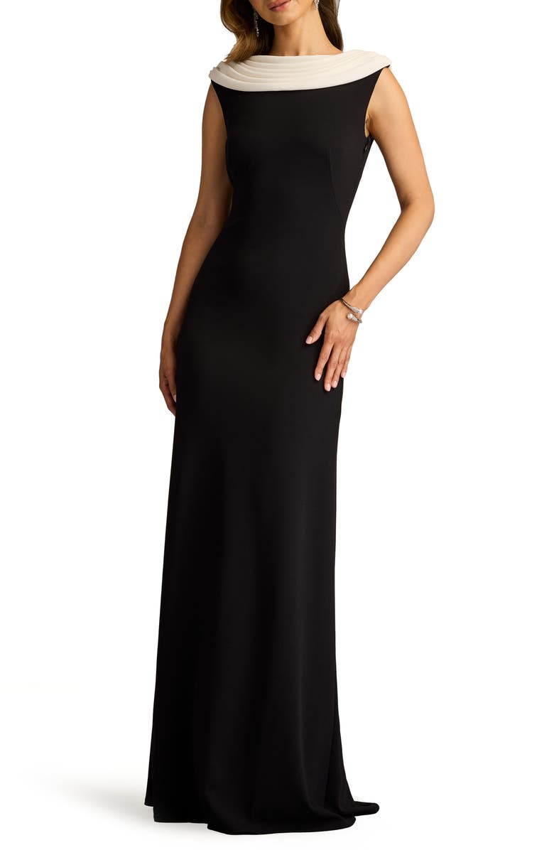 Tadashi Shoji Contrast Detail V-Back Crepe Gown, Main, color, Black/ Ivory
