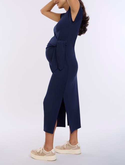 Motherhood Maternity Crew Neck Short Sleeve Side Tie Maternity Midi Dress In Navy Blazer