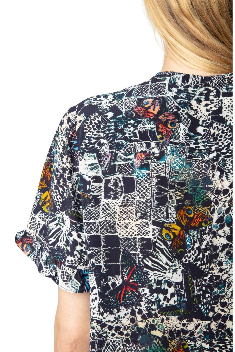 Tafiz Butterfly Print Tie Neck Button-Up Shirt, Alternate, color, ENCRE