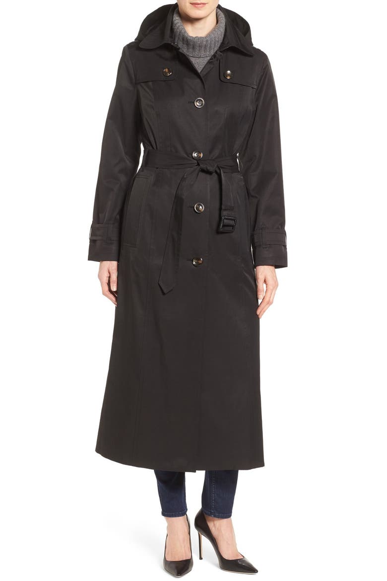Long Trench Raincoat with Removable Hood, Main, color, BLACK