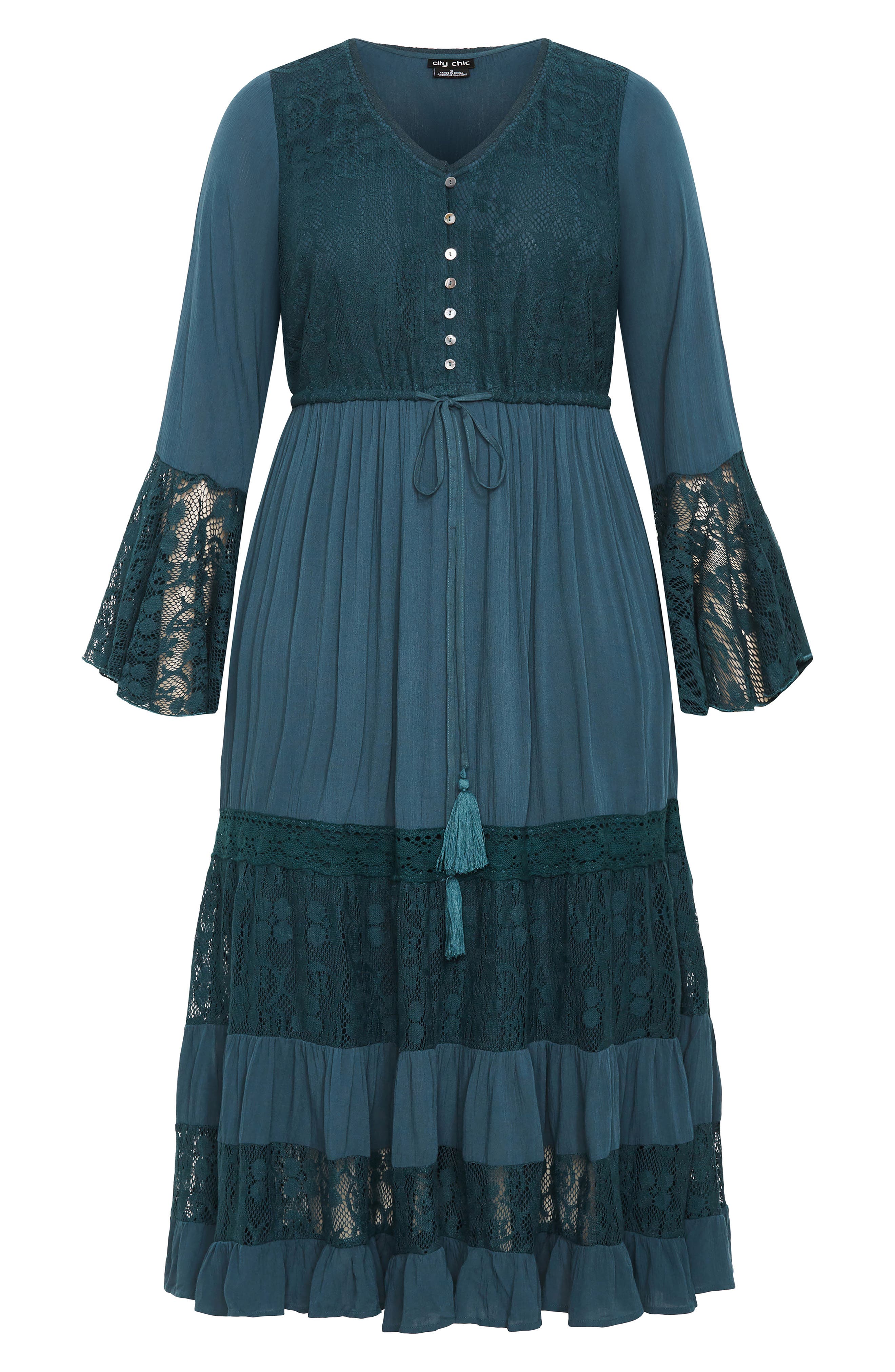 City Chic Dulce Lace Detail Long Sleeve Maxi Dress In Blue