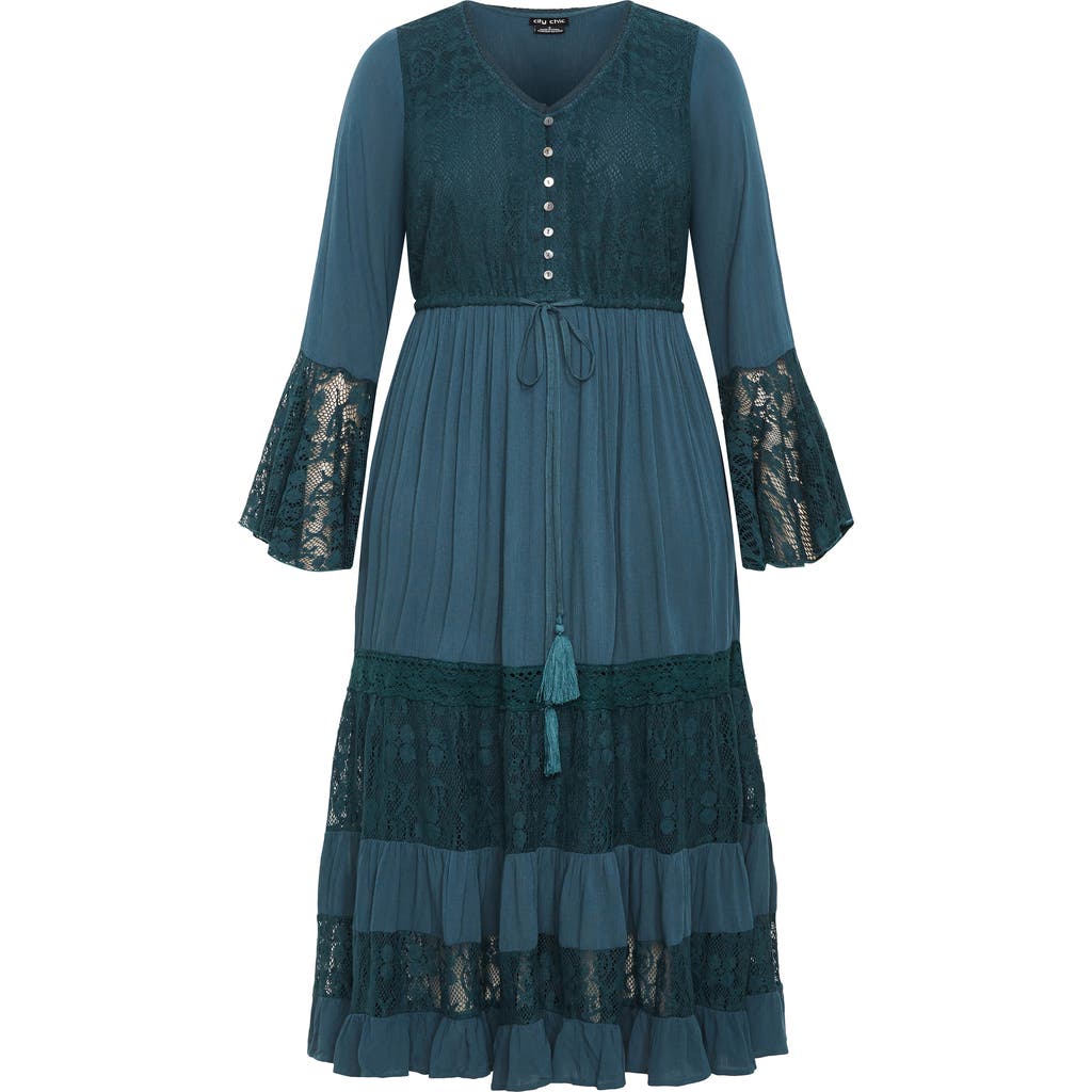 City Chic Dulce Lace Detail Long Sleeve Maxi Dress In Blue