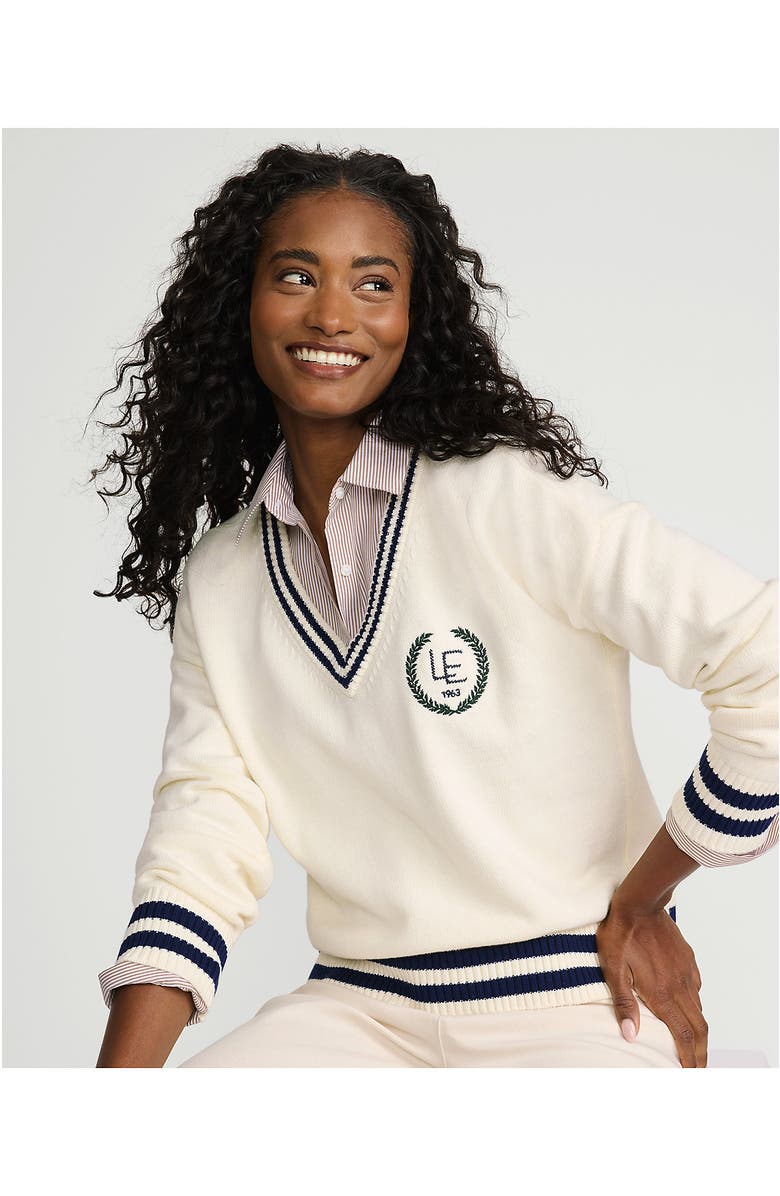 Lands' End Cotton Drifter Shaker V-neck Sweater, Alternate, color, Fresh Ivory Navy Tipping