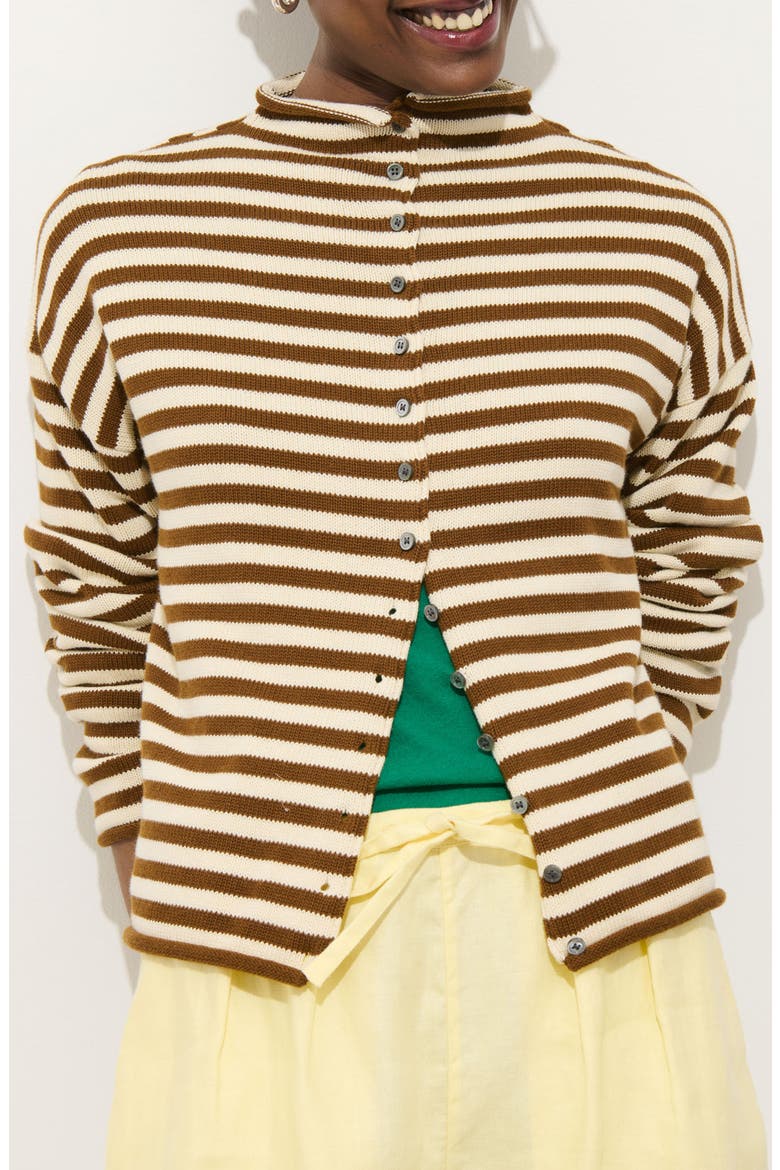 Taylor Stripe Mock Neck Cotton & Cashmere Cardigan, Main, color, IVORY / BROWN
