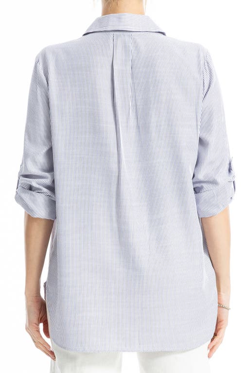 Max Studio Stripe Roll Tab Button-up Utility Shirt In Blue