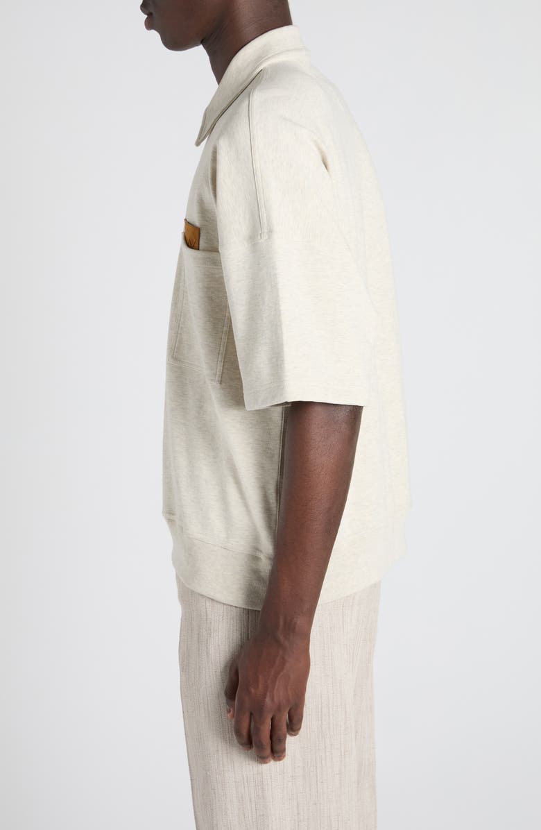 Bottega Veneta Double Cotton Mélange Jersey Quarter Zip Polo with Intrecciato Suede Patch, Alternate, color, 9781 Sea Salt Melange