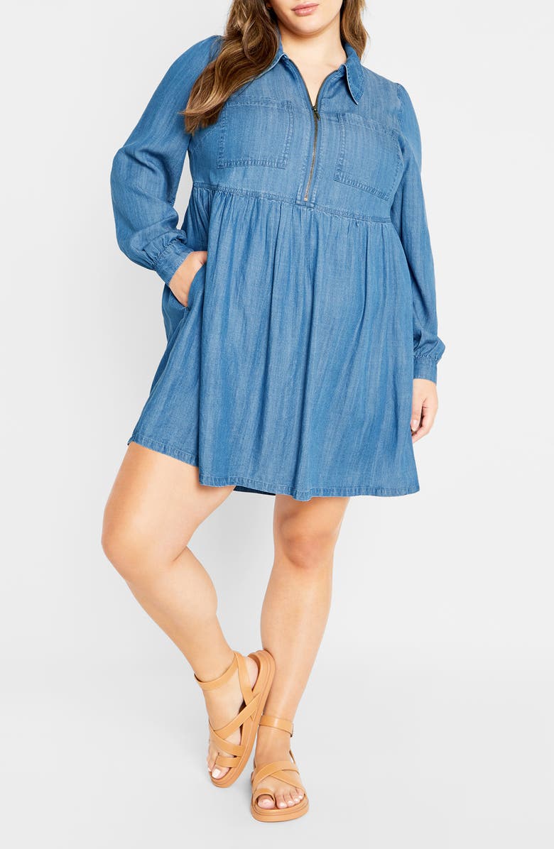 City Chic Brayden Long Sleeve Denim Minidress, Main, color, Mid Wash