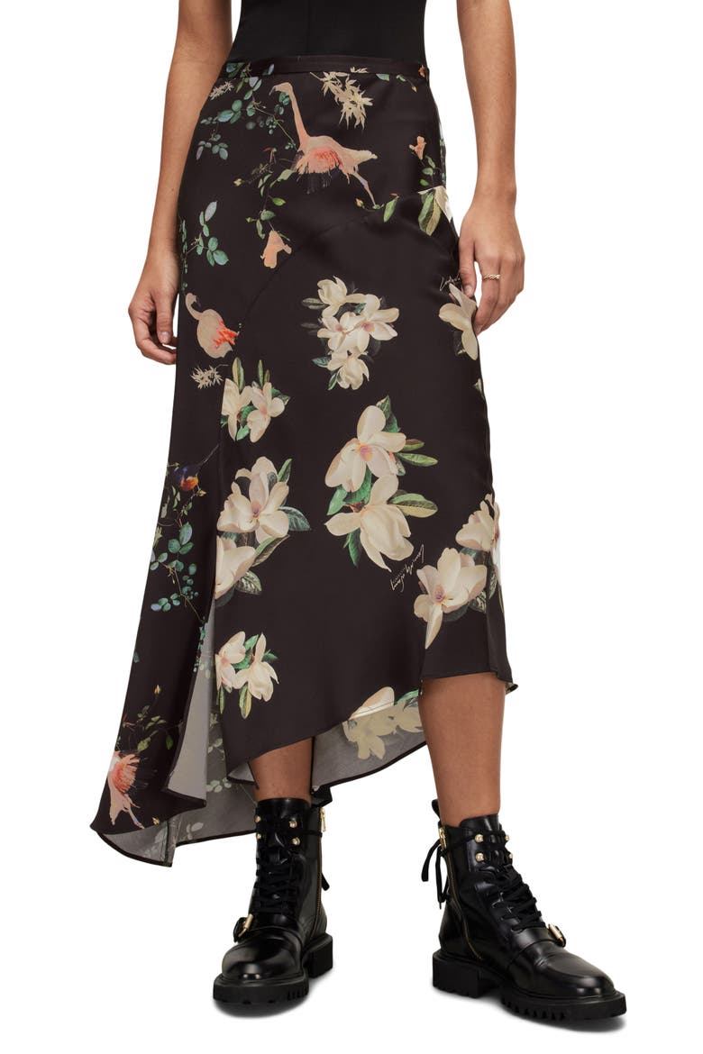 Luisa Fabia Floral Print Asymmetric Skirt, Main, color, BLACK