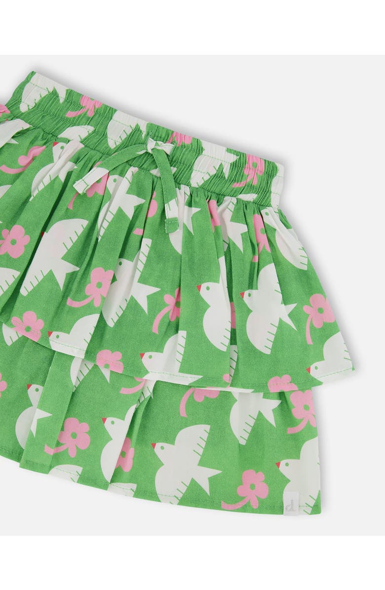 Deux par Deux Little Girl's Tiered Elastic Waist Skirt Green With White And Pink Bird, Alternate, color,