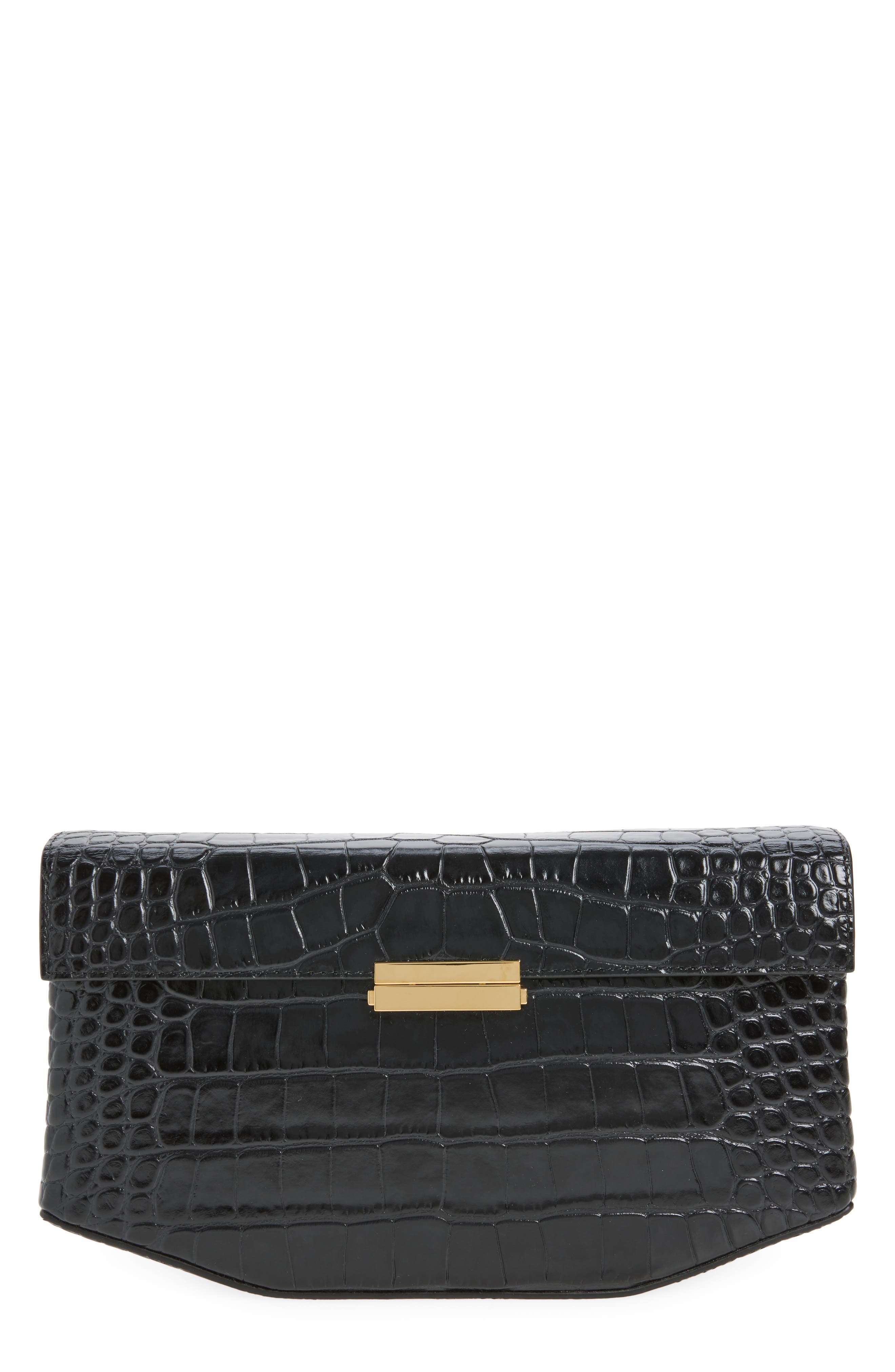 Clip Croc Embossed Leather Clutch, Main, color, BLACK