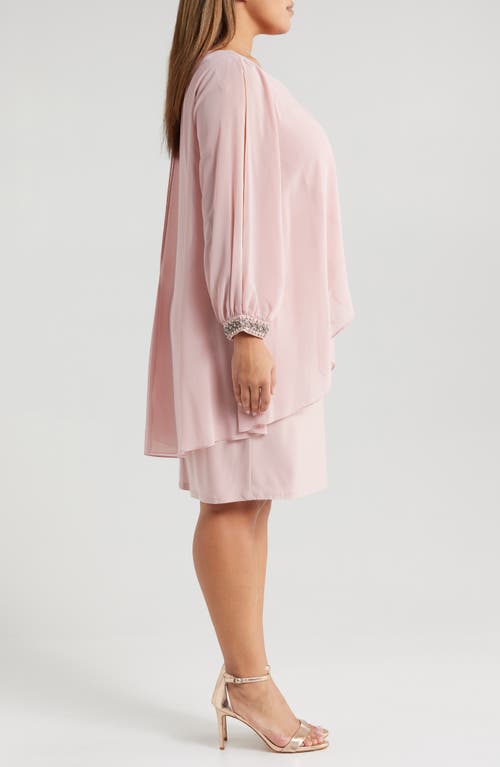 Shop Sl Fashions Beaded Overlay Long Sleeve Chiffon Cocktail Dress In Faded Rose