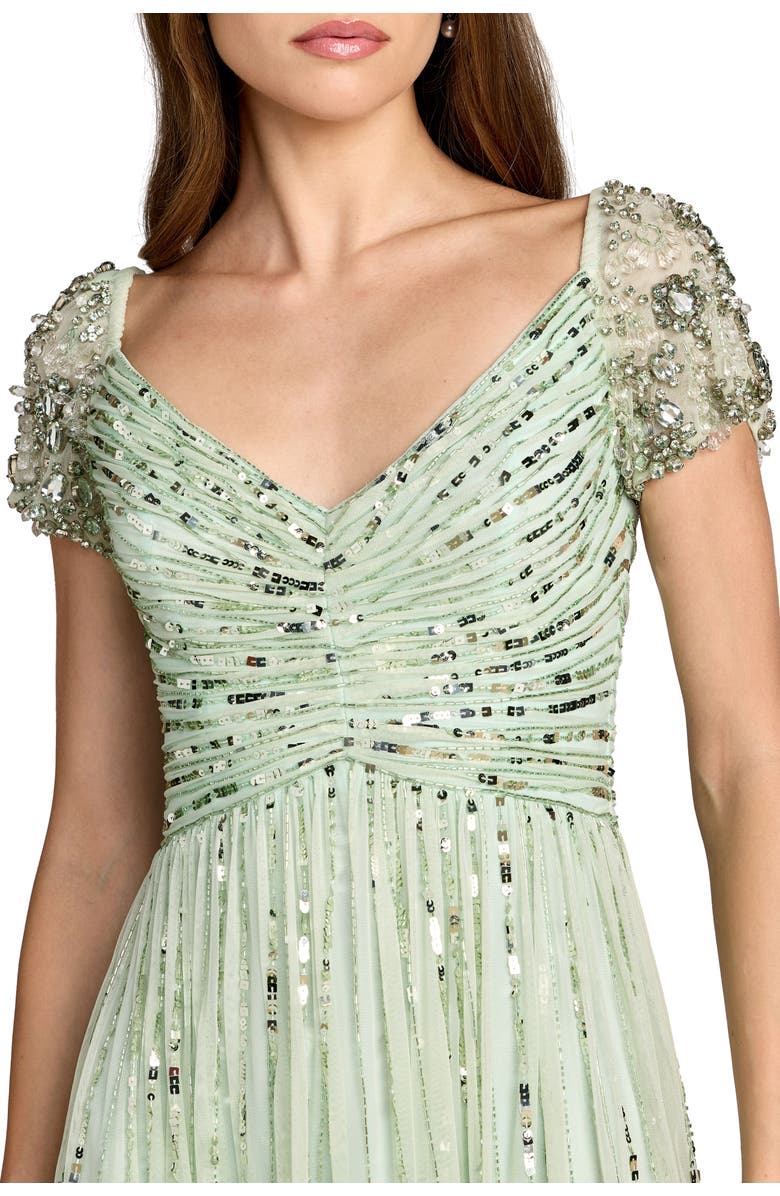 Mac Duggal Beaded Sequin V Neck Cap Sleeve Midi Dress, Alternate, color, Sage