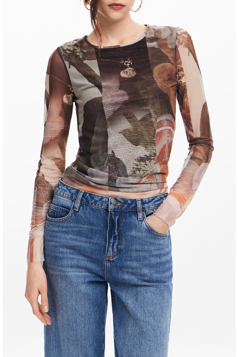 Carson Print Mesh Long Sleeve Top, Main, color, BROWN
