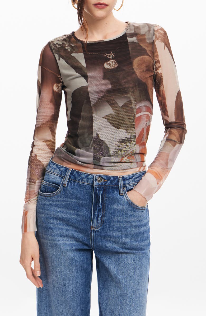 Desigual Carson Print Mesh Long Sleeve Top, Main, color, 
