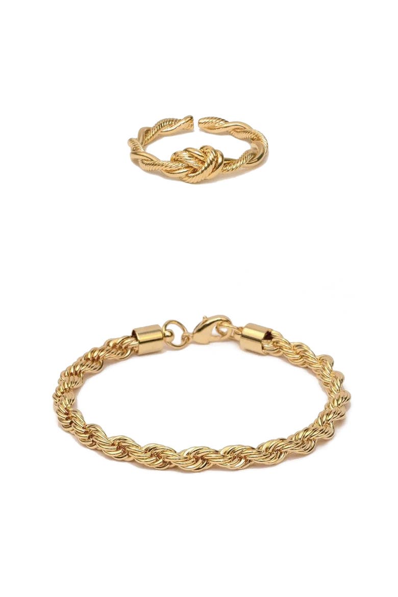 14k Gold Plated Intertwined Necklace, Bracelet & Ring Set Dainty, Main, color, Gold