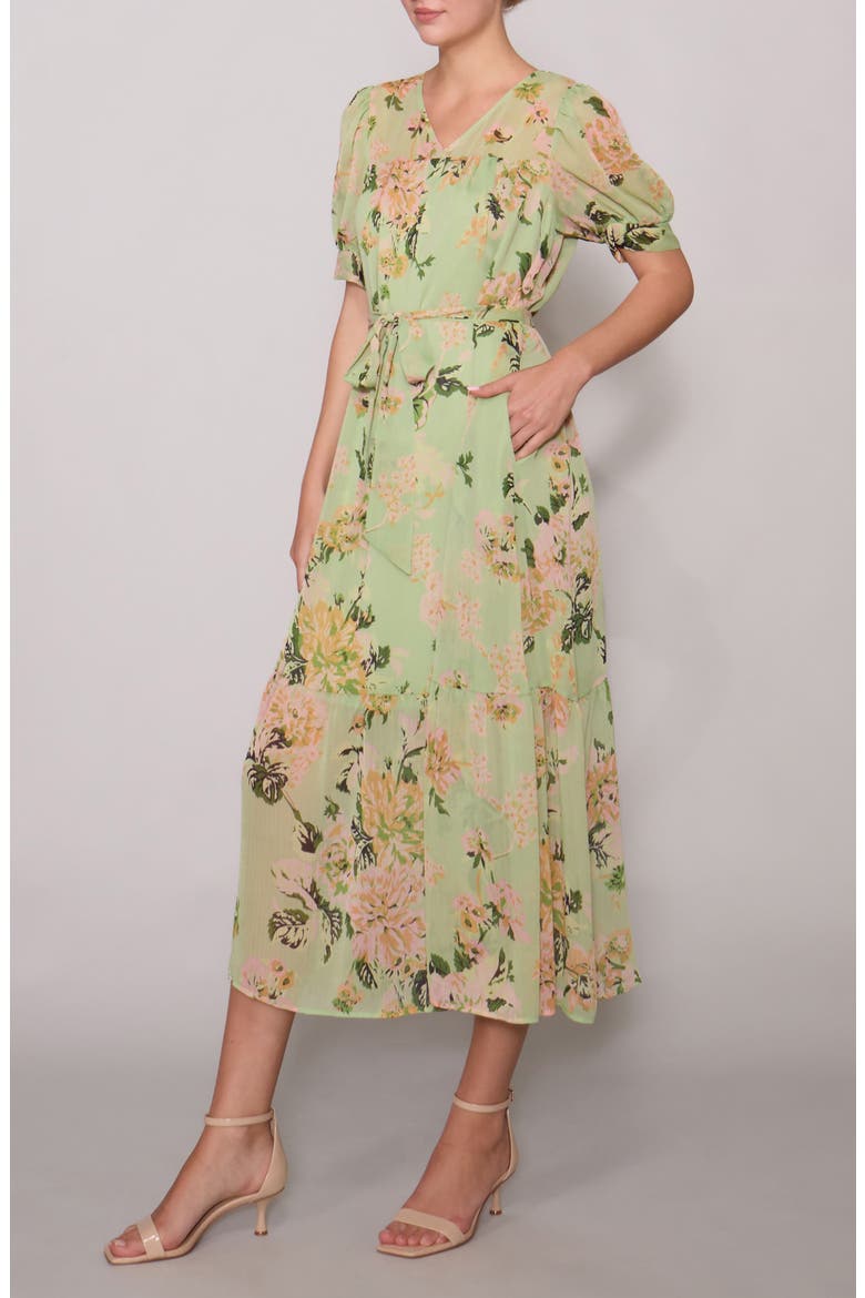 Puff Sleeve Tiered Midi Dress, Alternate, color, SAGE MULTI