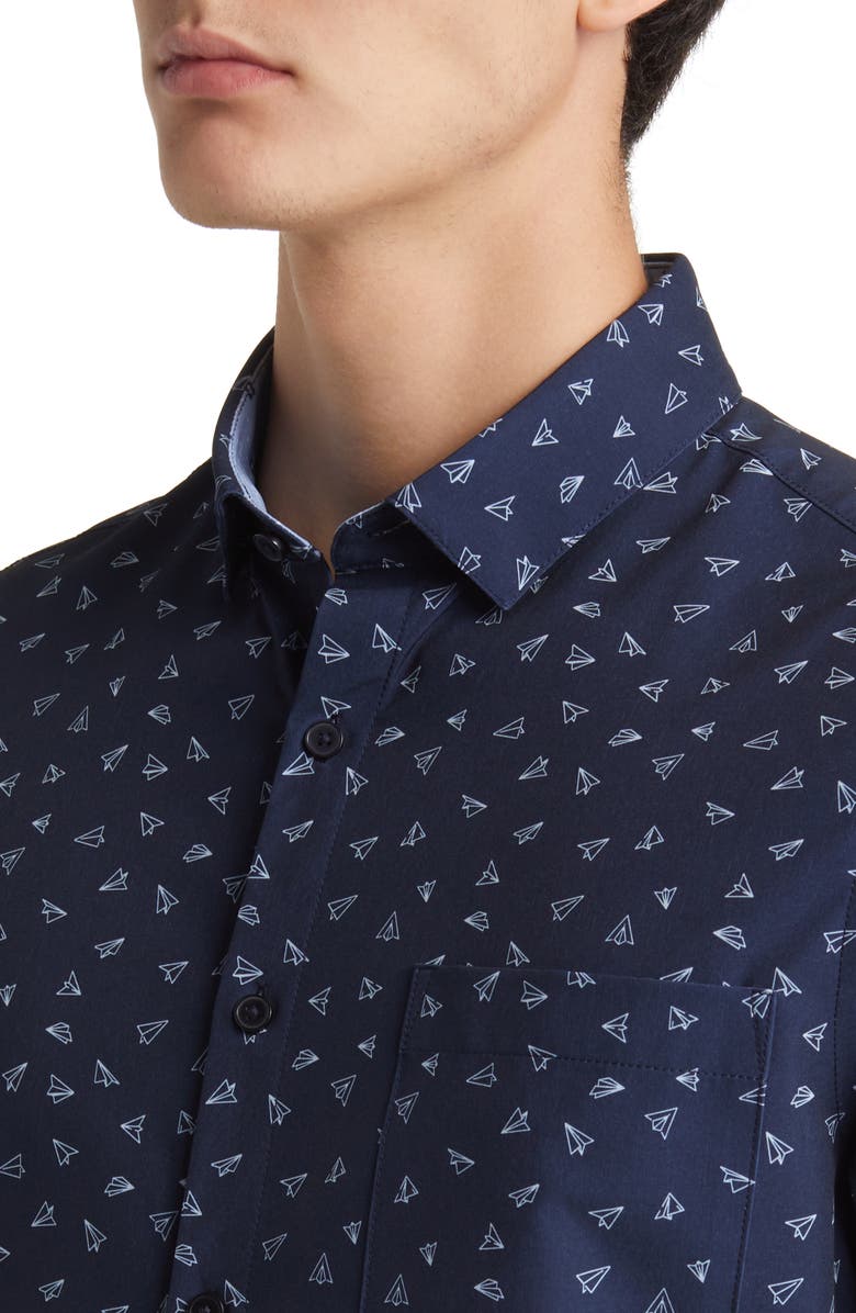 Mizzen+Main Leeward Trim Fit Navy Paper Airplane Short Sleeve Button-Up Performance Shirt, Alternate, color, 