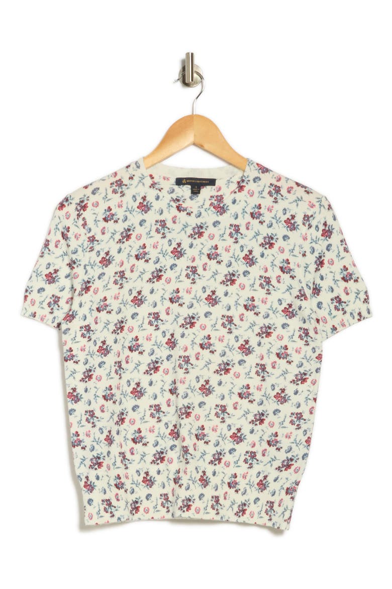 Floral Print Short Sleeve Cotton Sweater, Alternate, color, WHITE