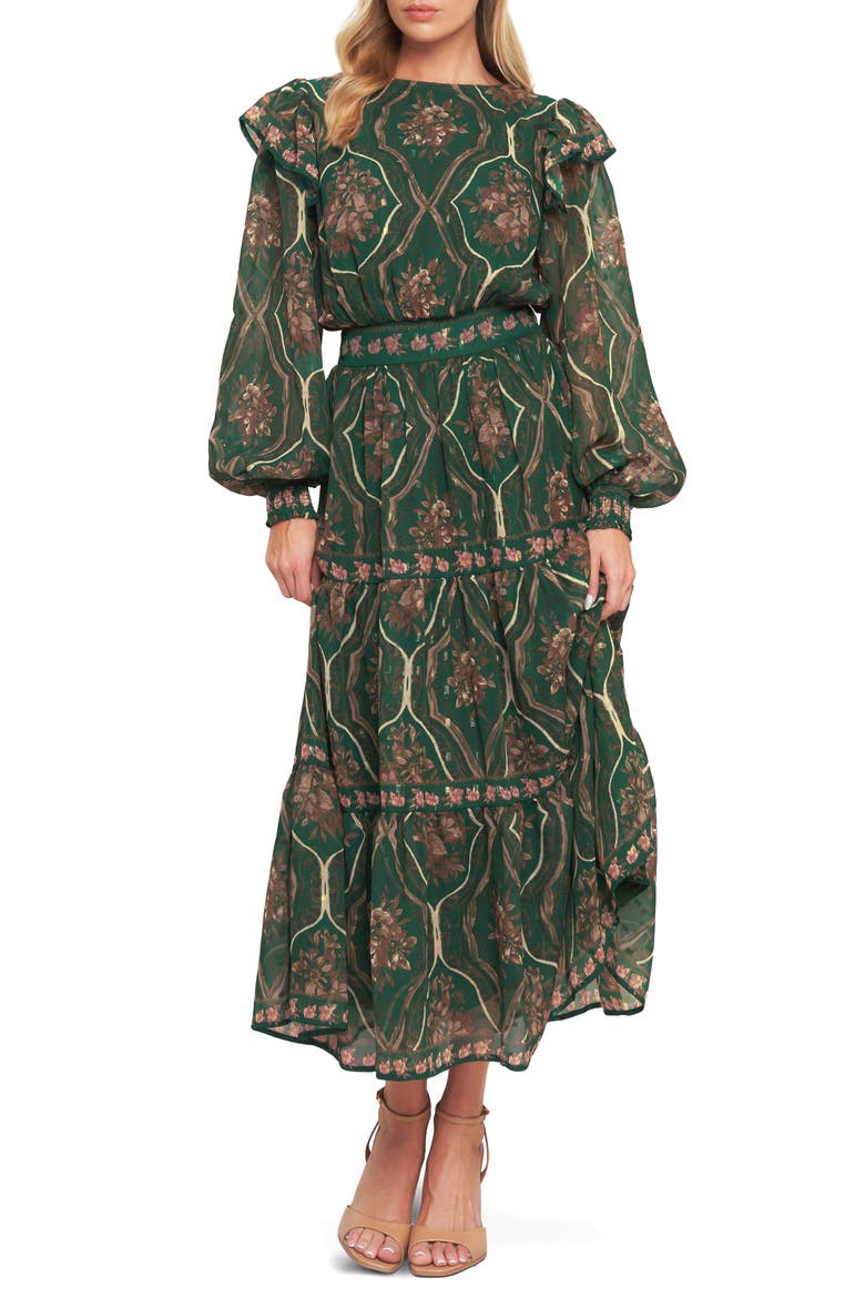 Floral Long Sleeve Tiered Maxi Dress, Main, color, GREEN