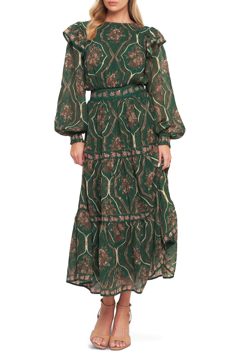 FLYING TOMATO Floral Long Sleeve Tiered Maxi Dress, Main, color, Green