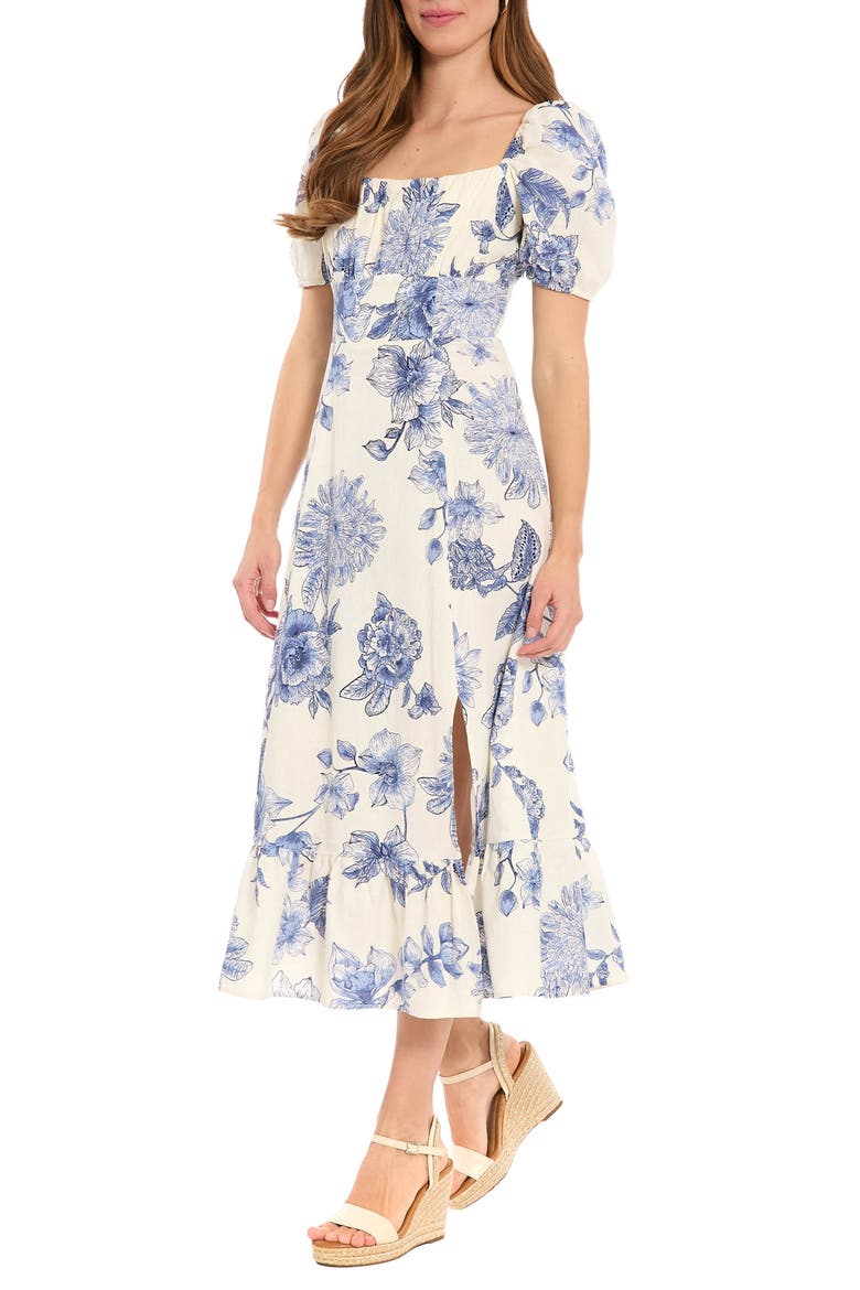 Puff Sleeve Empire Waist Midi Dress, Alternate, color, SOFT WHITE/ SLATE BLUE