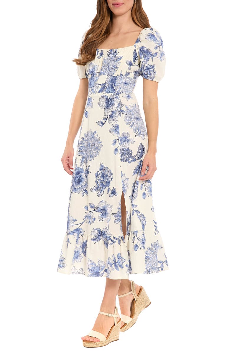London Times Puff Sleeve Empire Waist Midi Dress, Alternate, color, Soft White/ Slate Blue