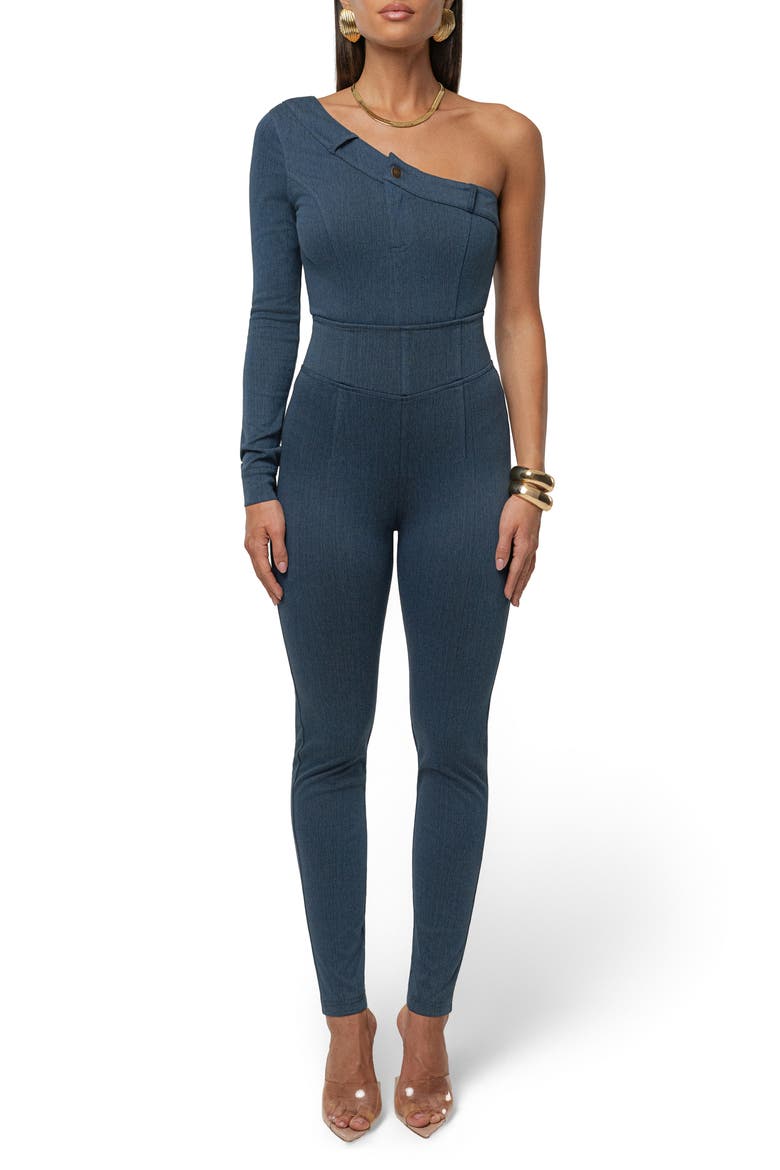 Button Me Up One-Shoulder Bodysuit, Alternate, color, DARK DENIM