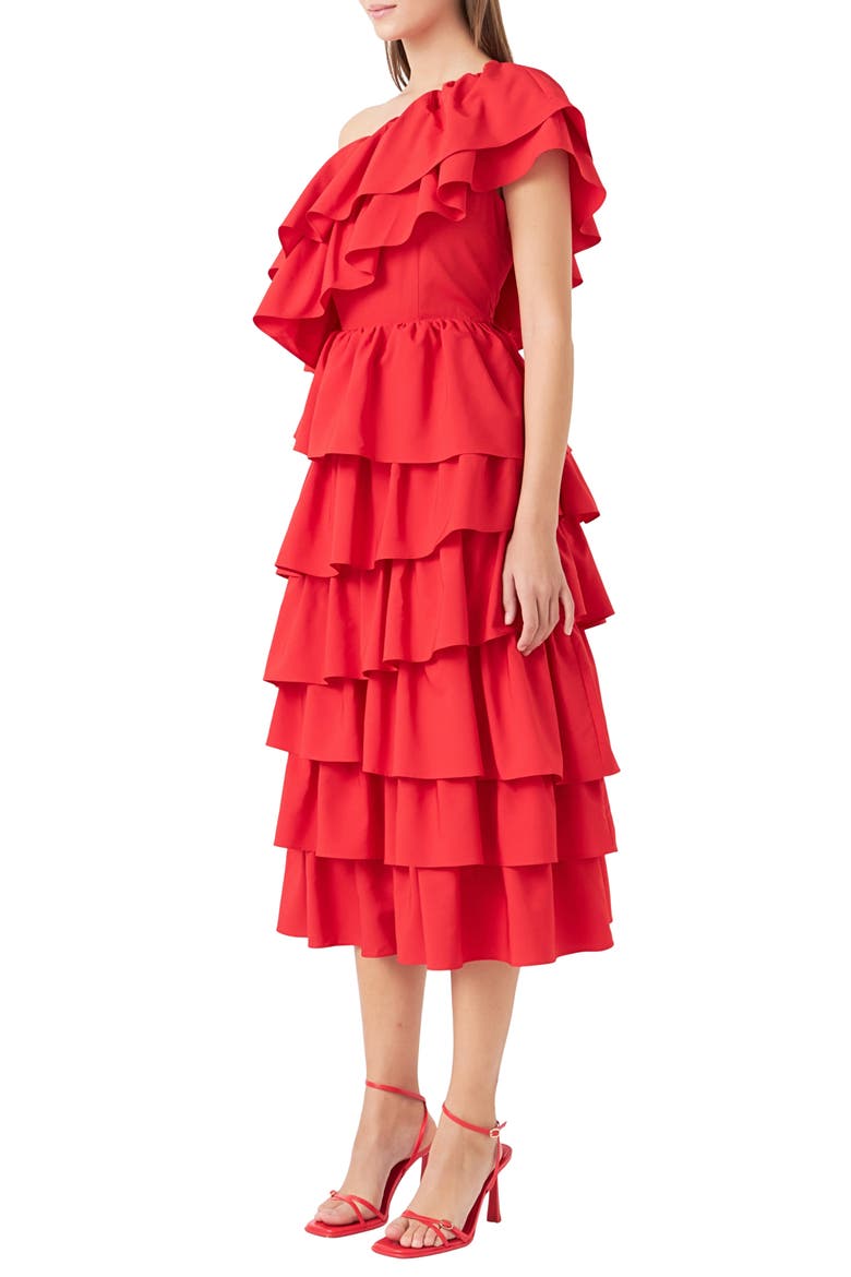 Ruffle One-Shoulder Tiered Ruffle Midi Dress, Alternate, color, RED