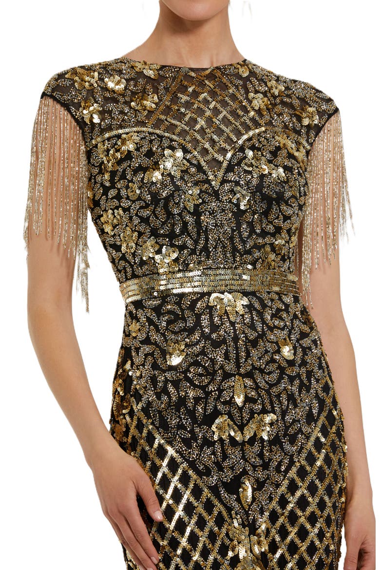High Neck Sleeveless Beaded Fringe Fitted Gown, Alternate, color, Black Gold