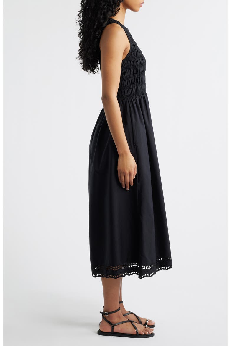 The Embroidered Melody Smocked Midi Dress, Alternate, color, JET BLACK