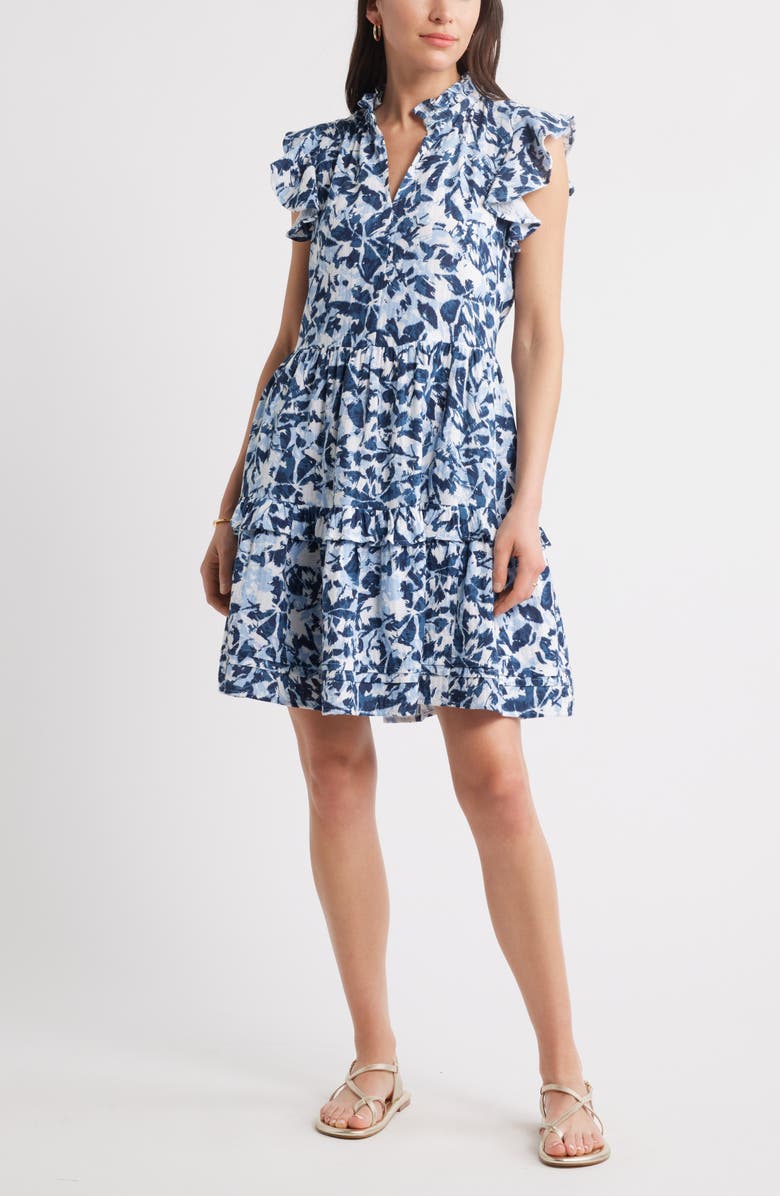 Caslon<sup>®</sup> Ruffle Duo Cotton Gauze Dress, Main, color, Navy- White Brushed Blooms