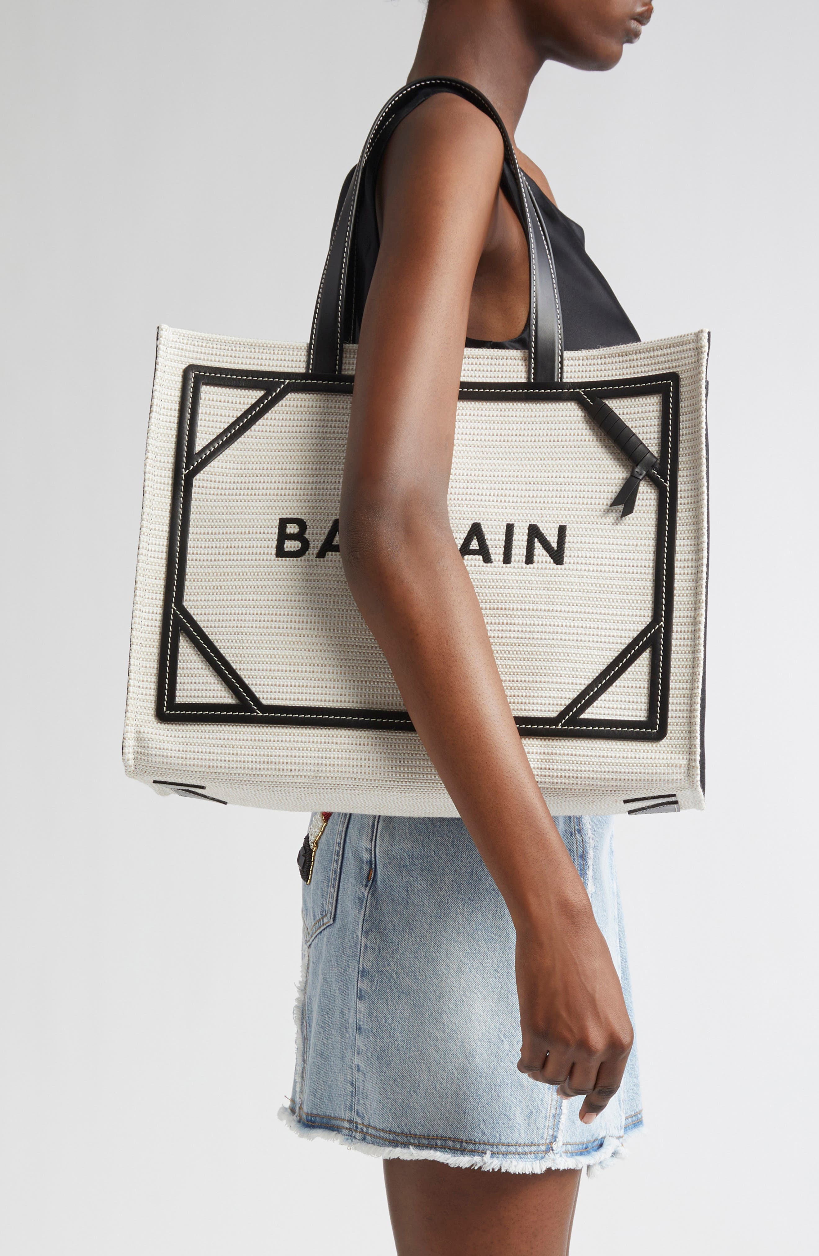 Balmain Medium B-Army Raffia Shopper Tote, Alternate, color, 