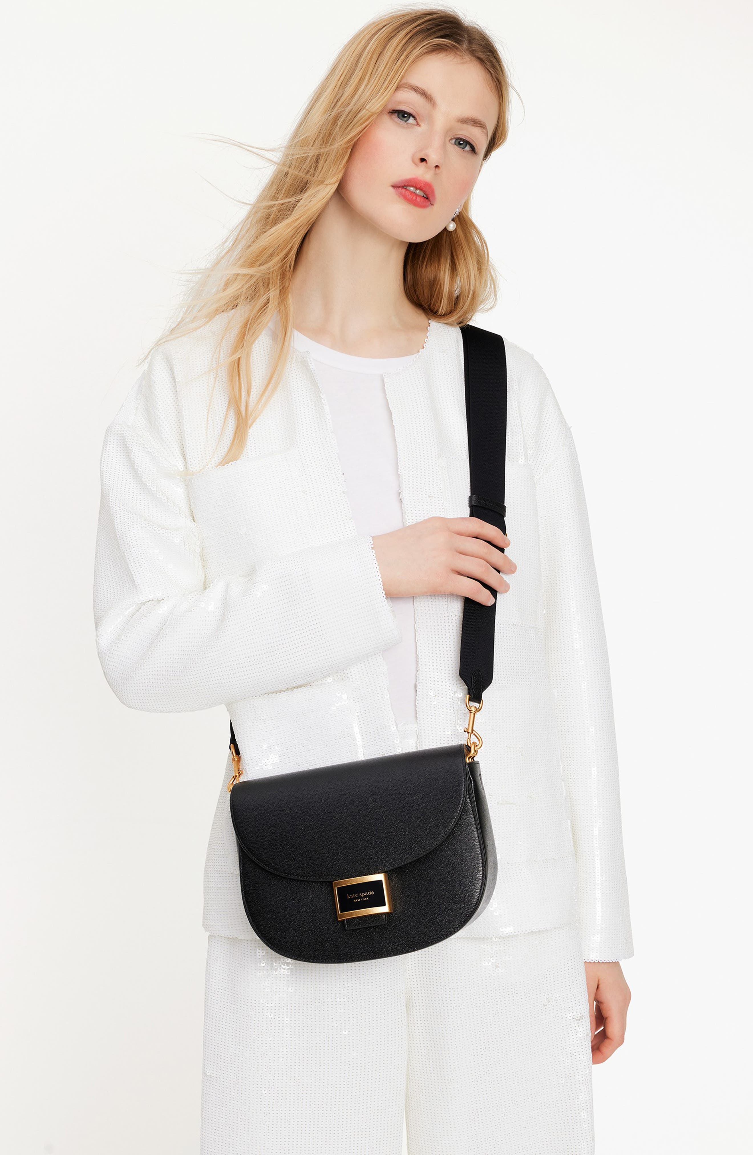 katy textured leather convertible shoulder bag, Alternate, color, BLACK