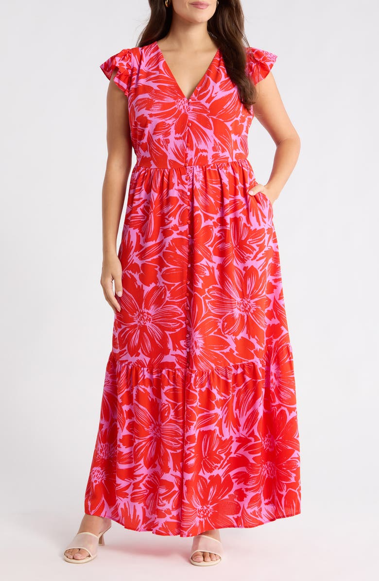 SUGARLIPS Rania Floral Evianna Flutter Maxi Dress, Main, color, Pink-Red-Mul