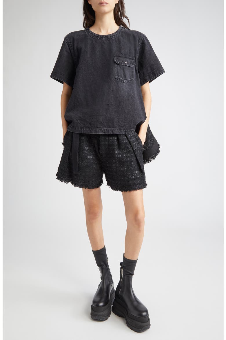 Mixed Media Denim & Tweed Top, Alternate, color, BLACK/ BLACK 002