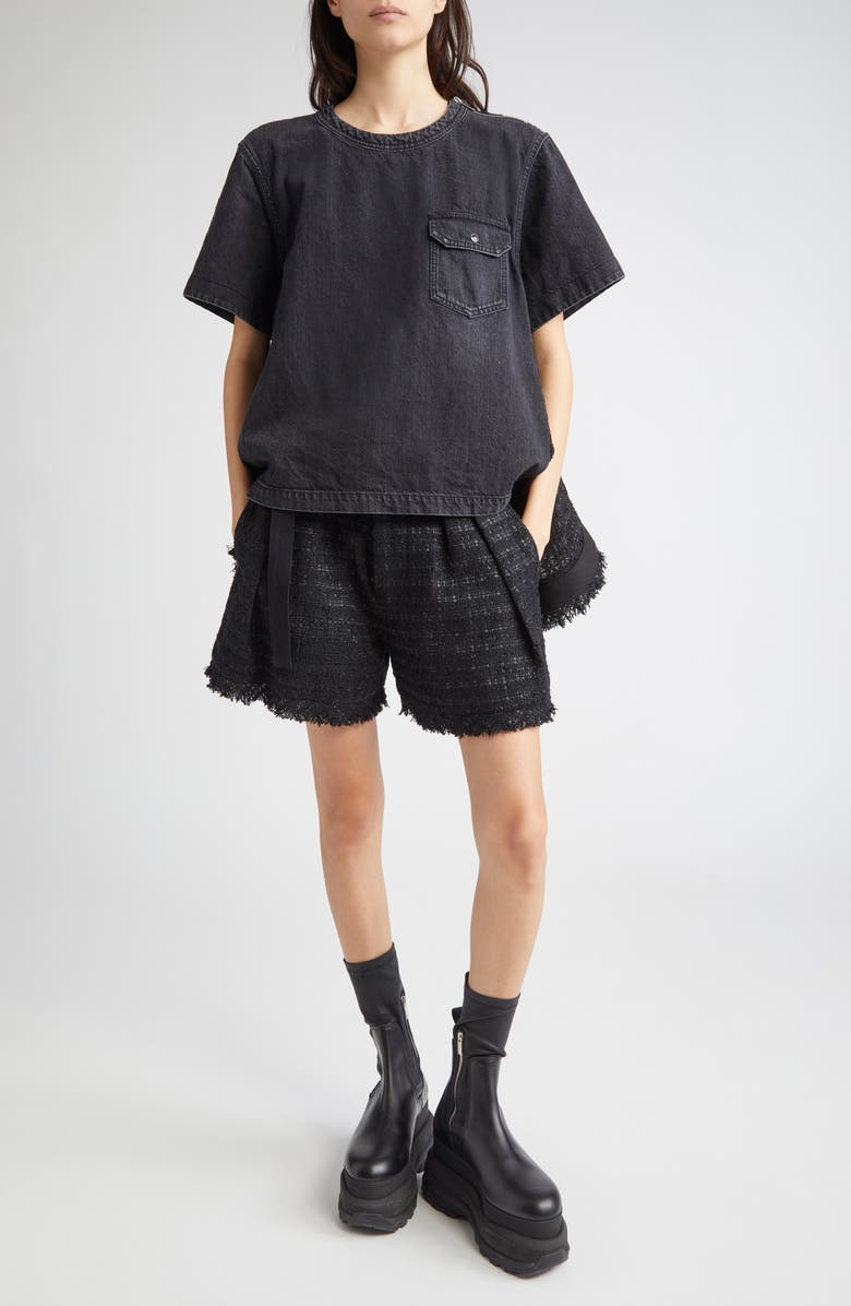 Sacai Mixed Media Denim & Tweed Top, Alternate, color, Black/ Black 002