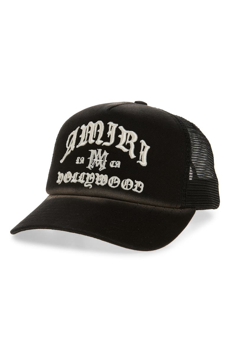 AMIRI Hollywood Embroidered Trucker Hat, Main, color, Black