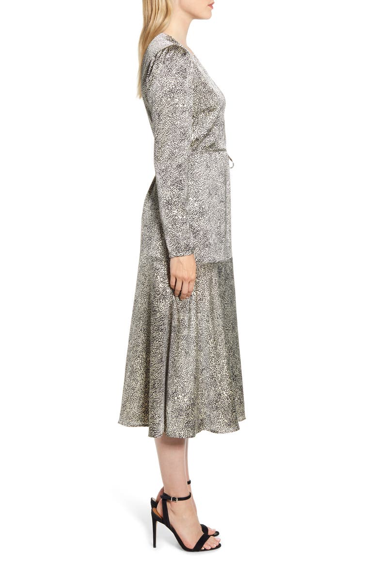 Cheetah Print Long Sleeve Satin Wrap Dress, Alternate, color, BEIGE BEACH TINY CHEETAH