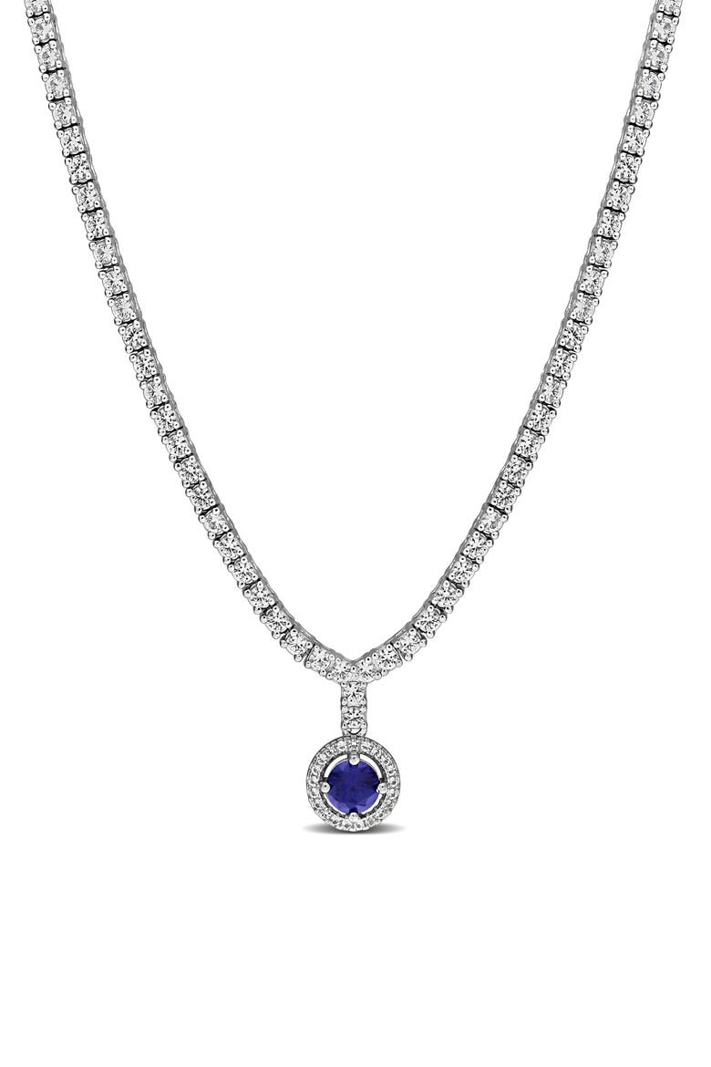 Sterling Silver Created Sapphire Tennis Necklace, Main, color, BLUE
